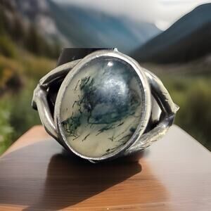 Vintage Modernist Sterling Silver Moss Agate Cabochon Ring size 6.5